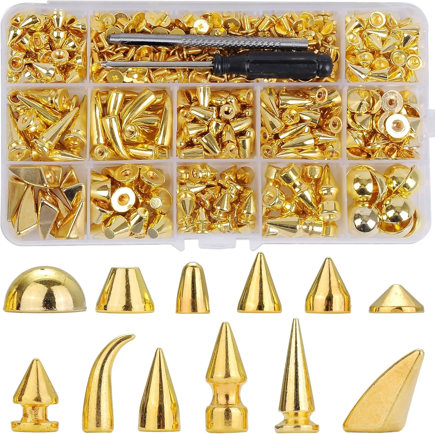 YORANYO 270 Sets Mixed Shape Spikes and Studs Gold Color Screw Back Bullet Cone Studs and Spikes Rivet Kit with Install Tools for Leather Craft Clothing Shoes Belts Bags Dog Collars DIY Rivets